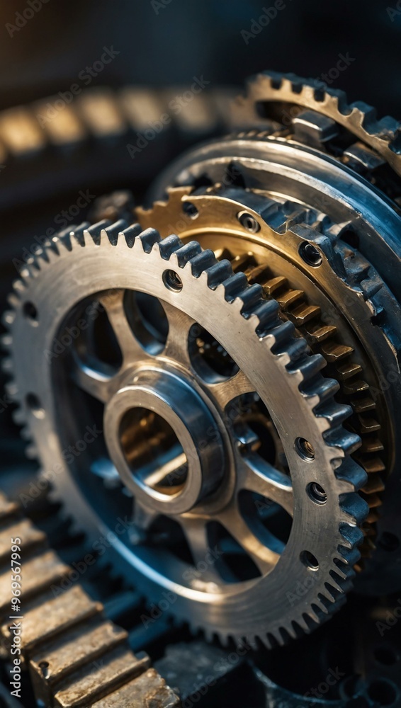 Close-up of a metallic gear bathed in soft sunlight. Close-up of a metallic gear bathed in soft sunlight.
