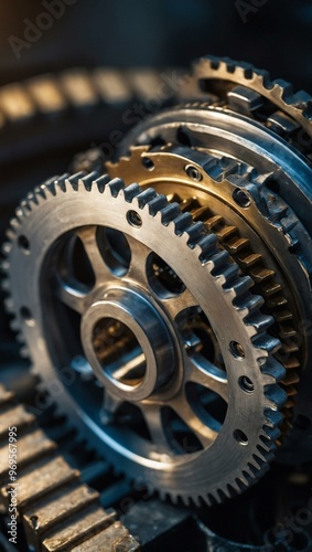 Close-up of a metallic gear bathed in soft sunlight.