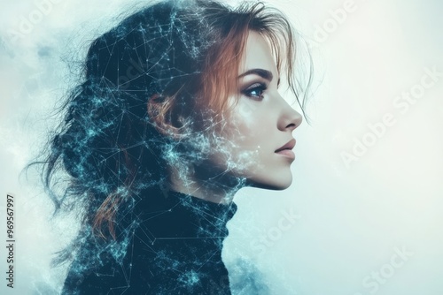Neurofeedback neurotrophic synaptogenesis and biocognition womans profile with glowing blue neural connections representing future intelligence and creativity photo