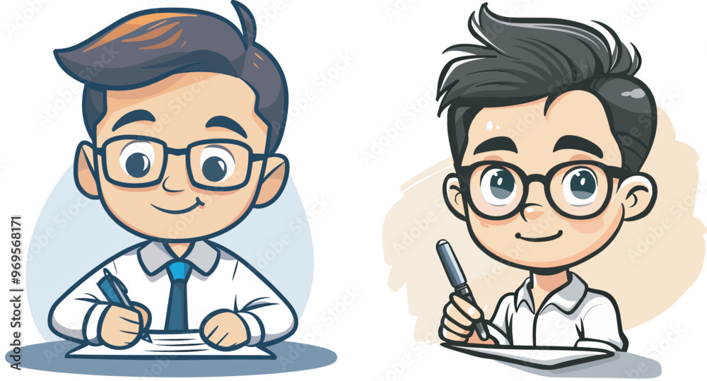 Two happy cartoon men writing signing documents business agreement contract finance office work professional occupation employee paperwork illustration concept Two happy cartoon men writing signing documents business agreement contract finance office work professional occupation employee paperwork illustration concept