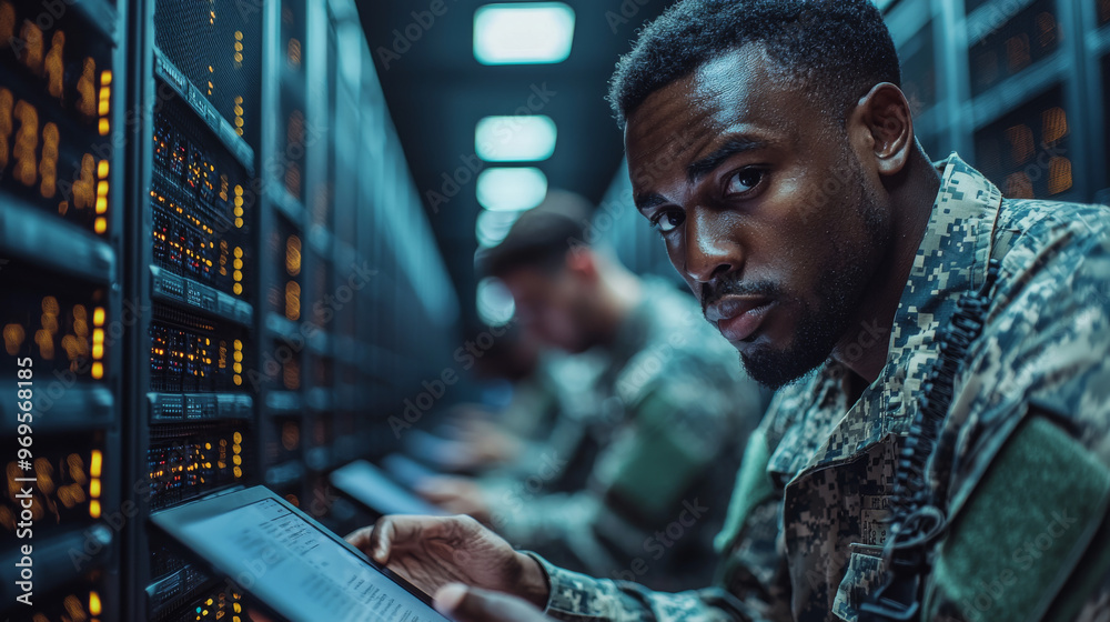 A young African American soldier checks a server in a dimly lit data center. A young African American soldier checks a server in a dimly lit data center.