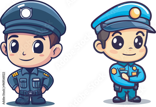 Two cute chibi style police officers in blue uniforms one standing at attention and one with arms crossed smiling confidently ideal for security law enforcement or childrens book illustrations