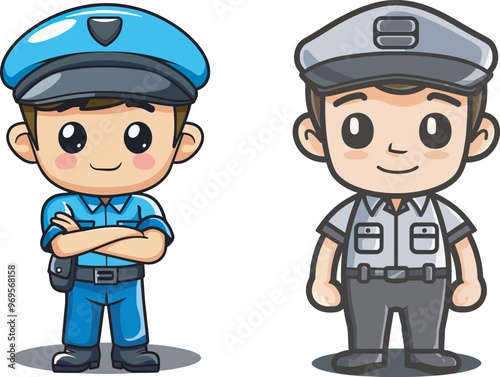 Two Cute Chibi Style Police Officers Law Enforcement Mascot Characters Cartoon Illustration Clipart Set Collection Bundle