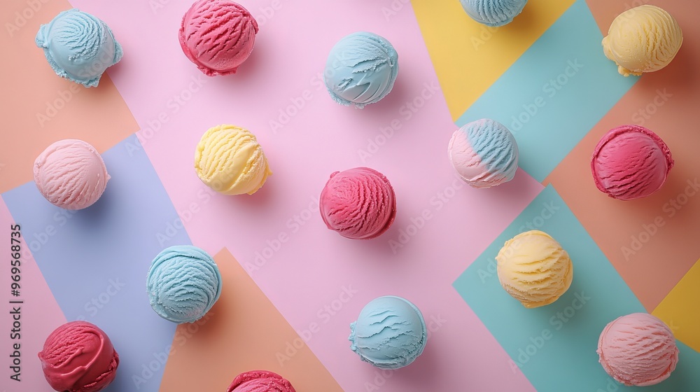 Colorful ice cream scoops on pink, yellow, blue, and orange background. Colorful ice cream scoops on pink, yellow, blue, and orange background.