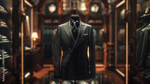 Modern luxury clothing exhibition with a dark opulent suit on a man