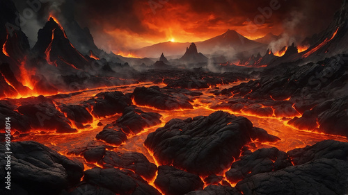 Fiery volcanic landscape with glowing lava flows and burning sky at sunset, creating intense heat.