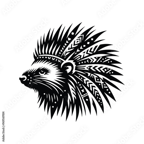 porcupine in bohemian black and white silhouette illustration -
