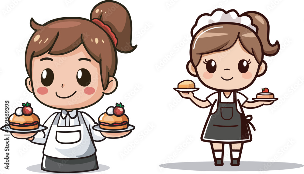 Cute Cartoon Bakery Character Serving Pastry Chef Dessert Food Service Illustration Baking Apron Ponytail Smile Friendly Hospitality Sweet Treat Menu Restaurant Cafe Logo Design Graphic Element