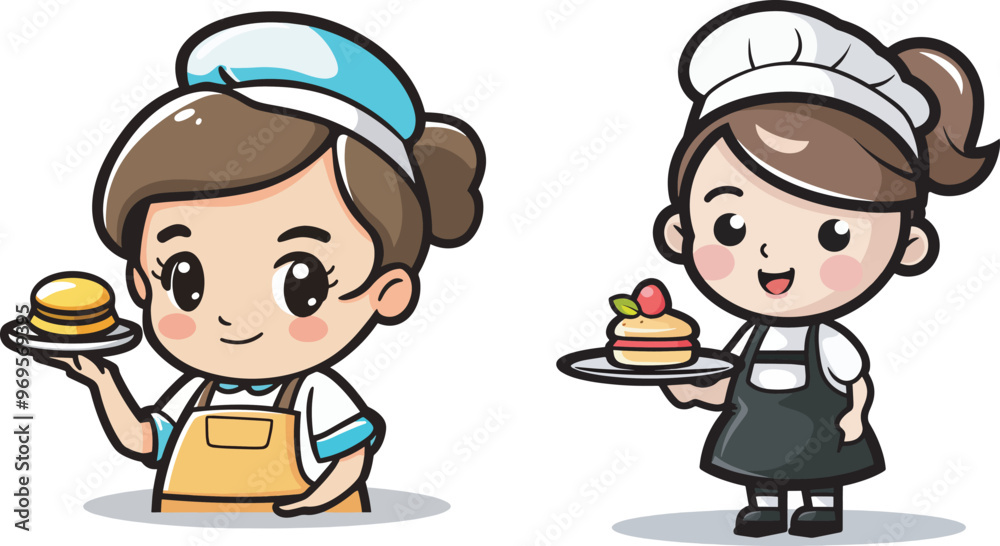 Cute Cartoon Chef and Waitress Serving Food Hospitality Restaurant Illustration Cute Cartoon Chef and Waitress Serving Food Hospitality Restaurant Illustration