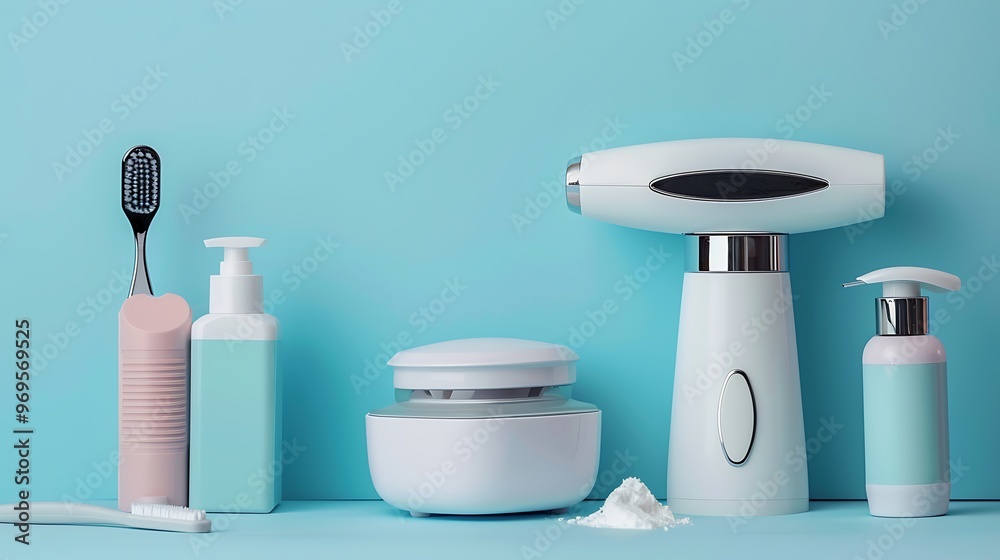 Modern photoepilator with cream jars and razors against a blue backdrop Modern photoepilator with cream jars and razors against a blue backdrop