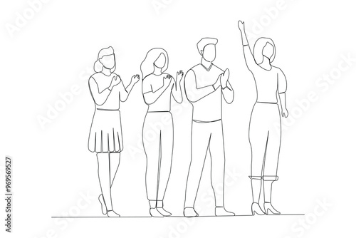 Group of people clapping and cheering continuous one line drawing. Vector illustration.