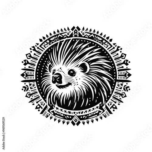 porcupine in bohemian black and white silhouette illustration -