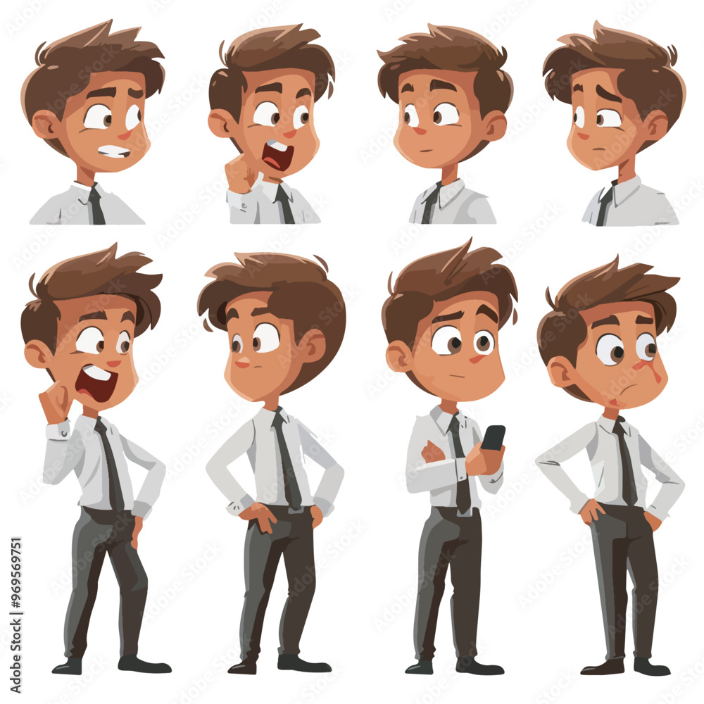Businessman cartoon character with different poses and emotions set for animation or motion design avatar happy cheerful sad angry talking on phone office worker suit standing isolated white