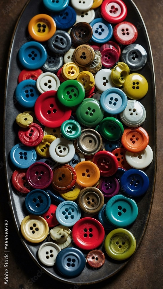 Collection of colorful buttons arranged on a sleek plate Collection of colorful buttons arranged on a sleek plate