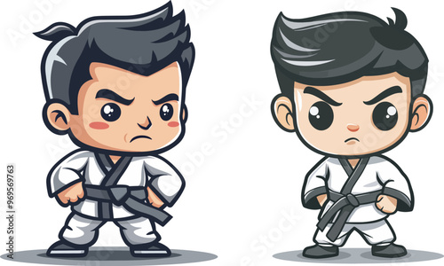 Two cute karate kids cartoon characters martial arts self defense discipline sport taekwondo training fitness exercise healthy lifestyle illustration isolated background mascot logo avatar icon