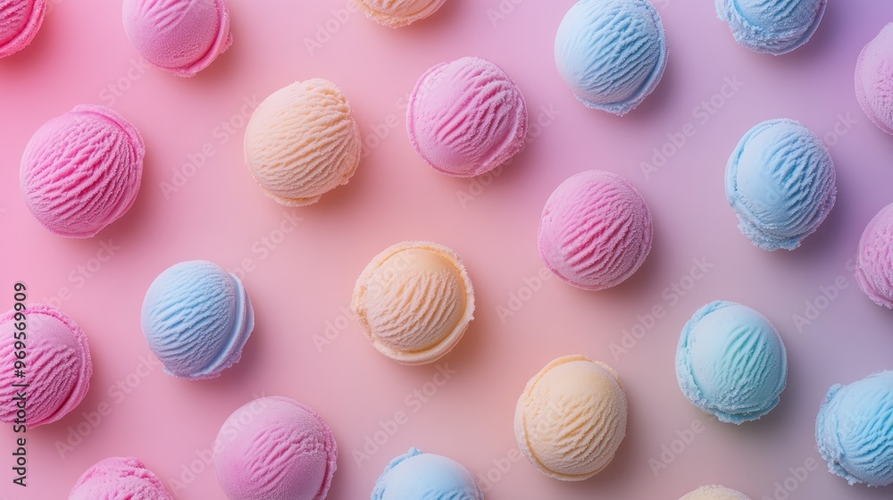 Colorful Scoops of Ice Cream Arranged on a Pink and Purple Background. Colorful Scoops of Ice Cream Arranged on a Pink and Purple Background.