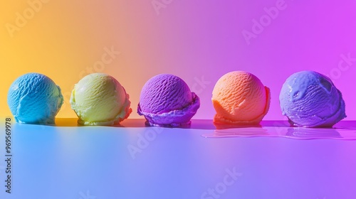 Five colorful ice cream scoops melting on a gradient background.