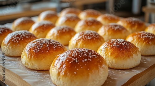 freshly baked golden brown buns on a baking sheet