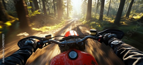 Riding a dirt bike on a forest path.