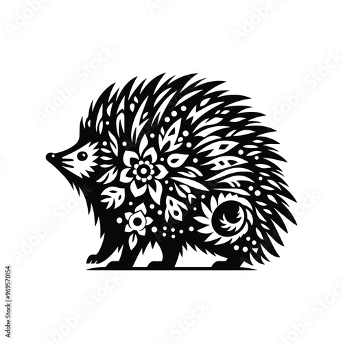 porcupine in folk art black and white silhouette illustration -