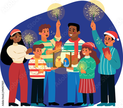 ilustración grupo de peregrinos pidiendo posada en fiesta de Posada de navidad Tradición México	