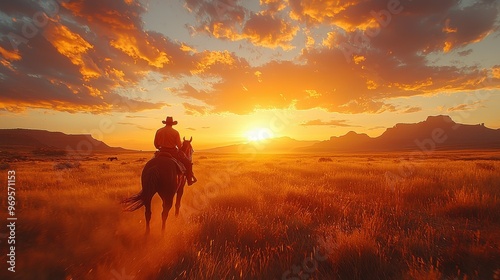 Lone cowboy riding into the sunset across vast plains photo