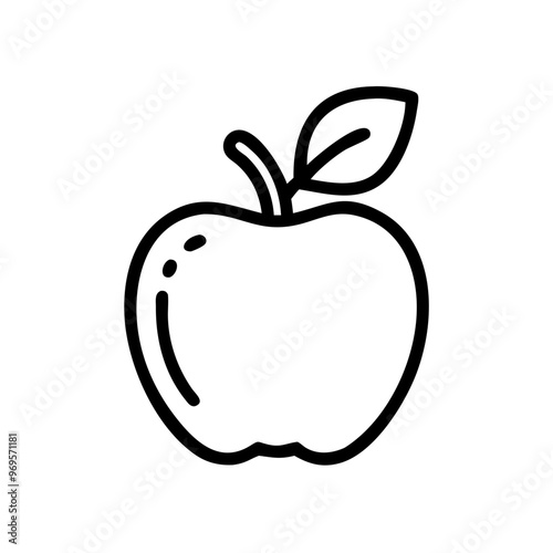 a simple black and white line drawing of an apple. The apple is depicted with a single leaf attached to its stem