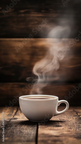 A steaming cup of coffee on a wooden surface, evoking warmth and comfort.