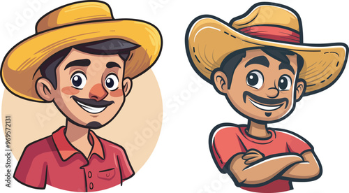 Happy Farmer Cartoon Mascot Character Agriculture Farming Illustration Logo Icon Avatar Smiling Confident Countryside Ranch Homestead Husbandry Produce Harvest Barn Cultivation Crops