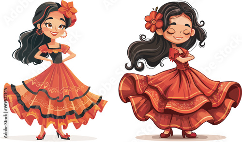 Beautiful Flamenco Dancer Traditional Spanish Culture Dress Flower Red Dress Dancing Woman Cartoon Illustration Character Design Poses Isolated White Background Entertainment Performance Festival