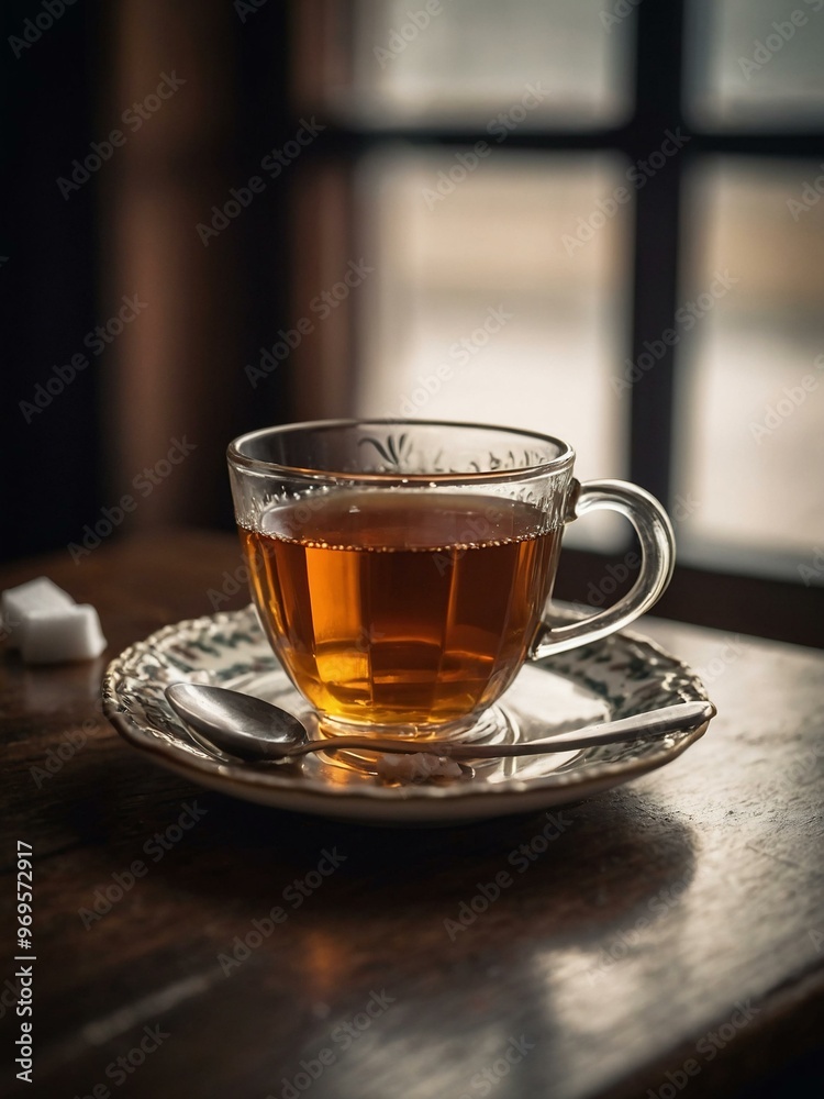 Cup of tea served with sugar cubes and a dainty spoon. Cup of tea served with sugar cubes and a dainty spoon.