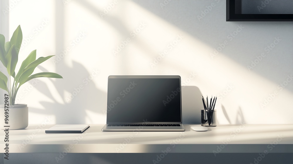Bright home office with minimalist laptop setup in natural light Bright home office with minimalist laptop setup in natural light