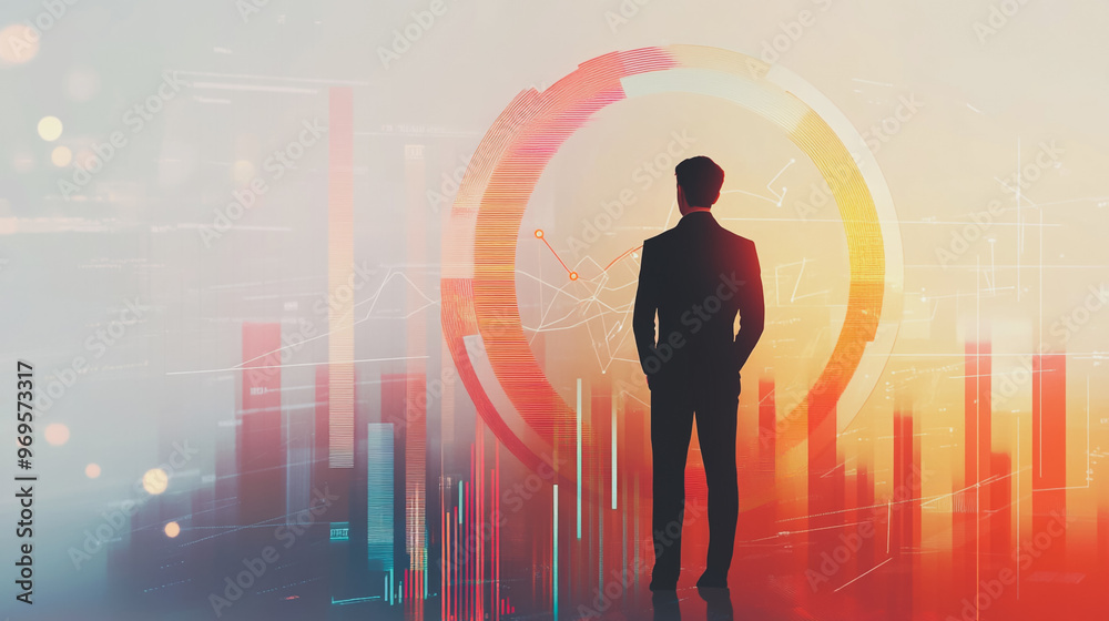 Abstract business man stands on the peak of success amid tall, innovative Smart city and graphs with statistics to analyze business potential and predict future developments in company growth.	