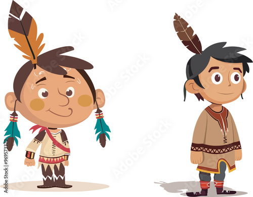 Two happy native american boys with feather headdresses children illustration indigenous culture representation diversity ethnic tribal heritage traditional costume cartoon characters white background