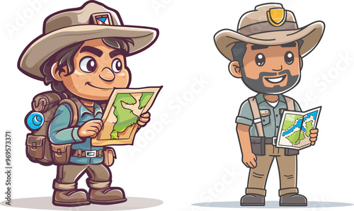 Two Cartoon Hikers With Maps Navigation Outdoors Adventure Travel Exploration Hiking Backpacker Park Ranger Wilderness Trekking Cartography Route Finding Destination Guide Nature Lover Outdoorsman