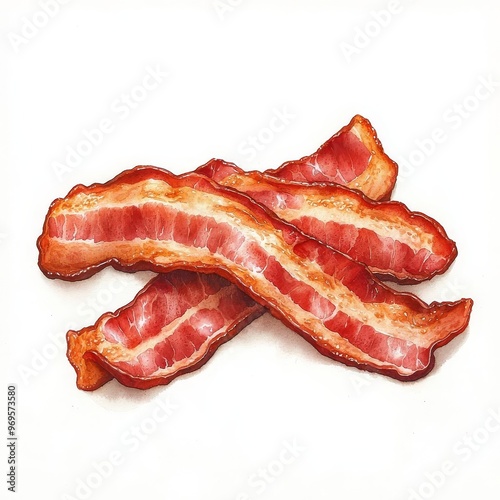 Watercolor bacon on white, visually centered, fresh food concept, soft edges, realistic feel, simple elegance, appealing color palette
