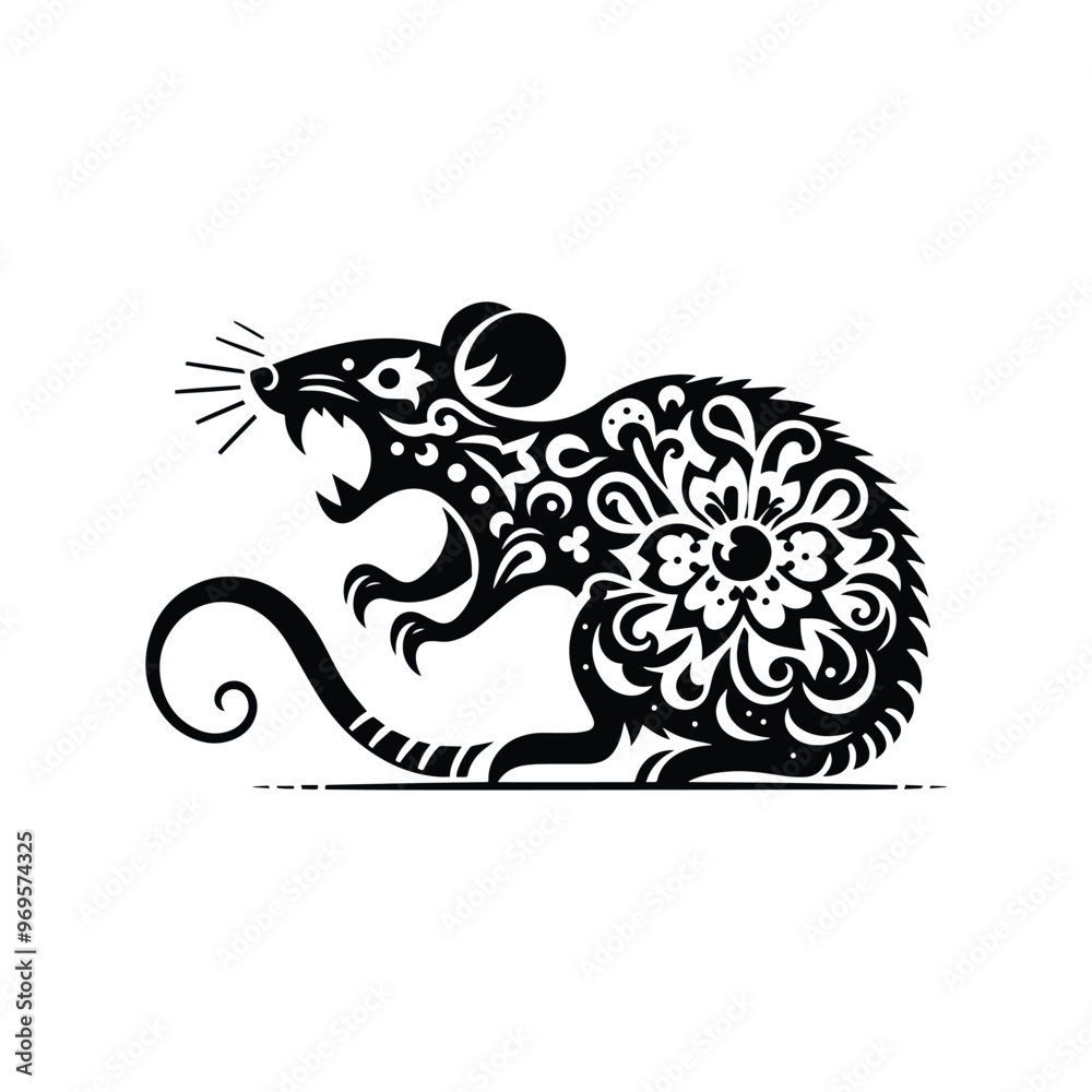 rat in folk art black and white silhouette illustration - rat in folk art black and white silhouette illustration -