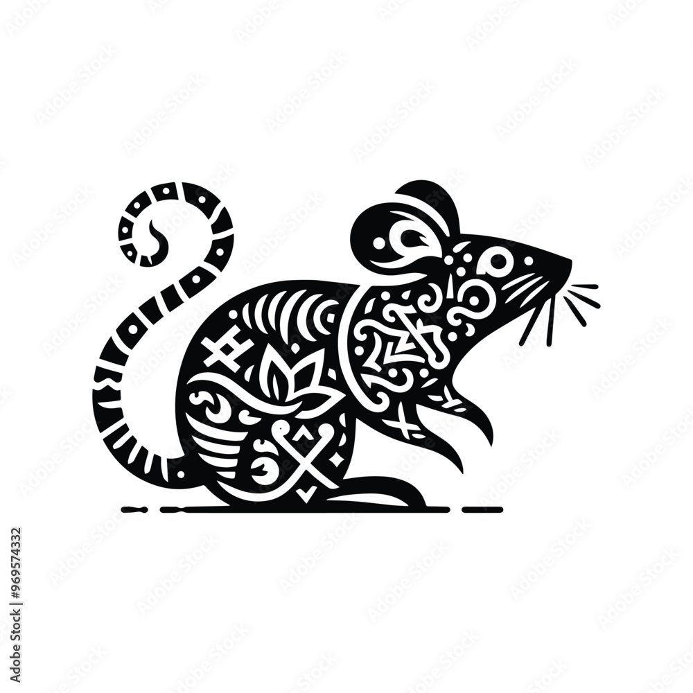 rat in folk art black and white silhouette illustration - rat in folk art black and white silhouette illustration -