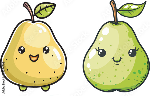 Cute Pear Cartoon Character Illustration Happy Green Yellow Fruit Mascot Logo Kawaii Chibi Style Design Element Isolated White Background Food Icon Symbol Digital Sticker Concept