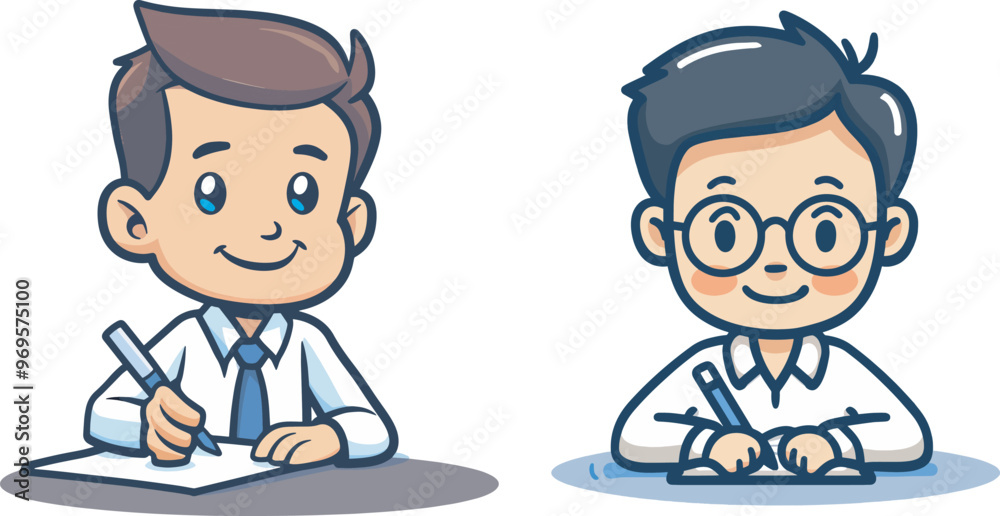 Two young men cartoon character businessman writing note taking information businessman and developer work in office happy worker or student exam illustration Two young men cartoon character businessman writing note taking information businessman and developer work in office happy worker or student exam illustration