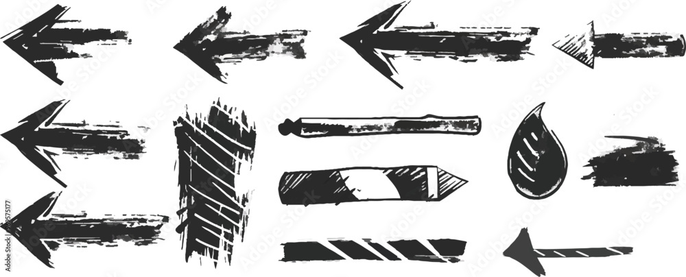 Black Hand Drawn Arrows Strokes Shapes Textures Paint Brushstrokes Design Elements Set Isolated Background Abstract Grunge Sketch Style Messy Doodle Freehand Drawing Illustration Artwork Icon Symbol