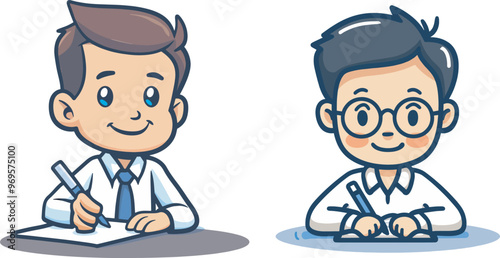 Two young men cartoon character businessman writing note taking information businessman and developer work in office happy worker or student exam illustration