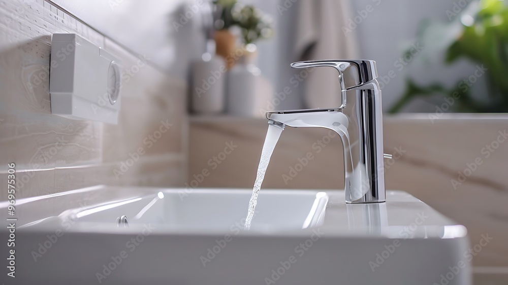 Modern water faucet in a chic bathroom design on a light wall backdrop Modern water faucet in a chic bathroom design on a light wall backdrop