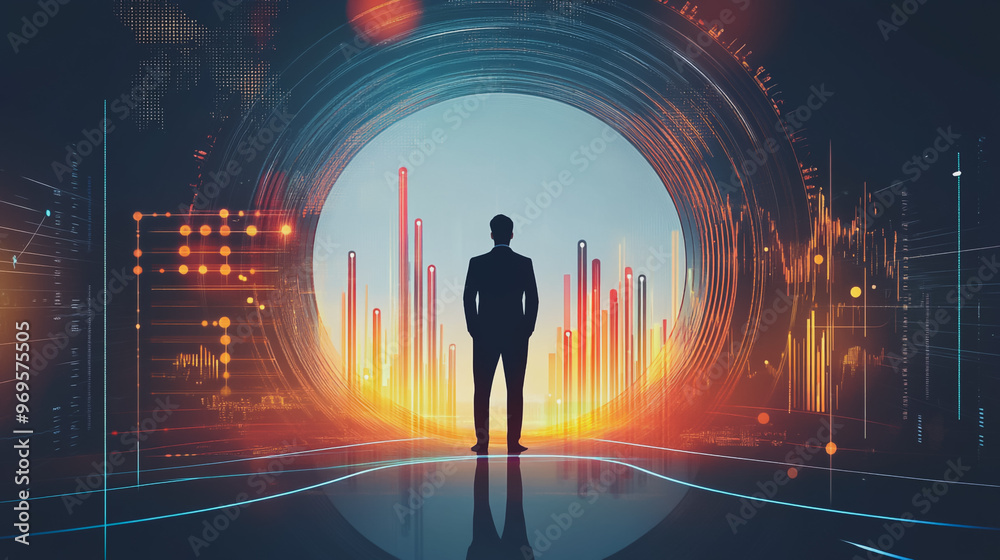 Abstract business man stands on the peak of success amid tall, innovative Smart city and graphs with statistics to analyze business potential and predict future developments in company growth. Abstract business man stands on the peak of success amid tall, innovative Smart city and graphs with statistics to analyze business potential and predict future developments in company growth.