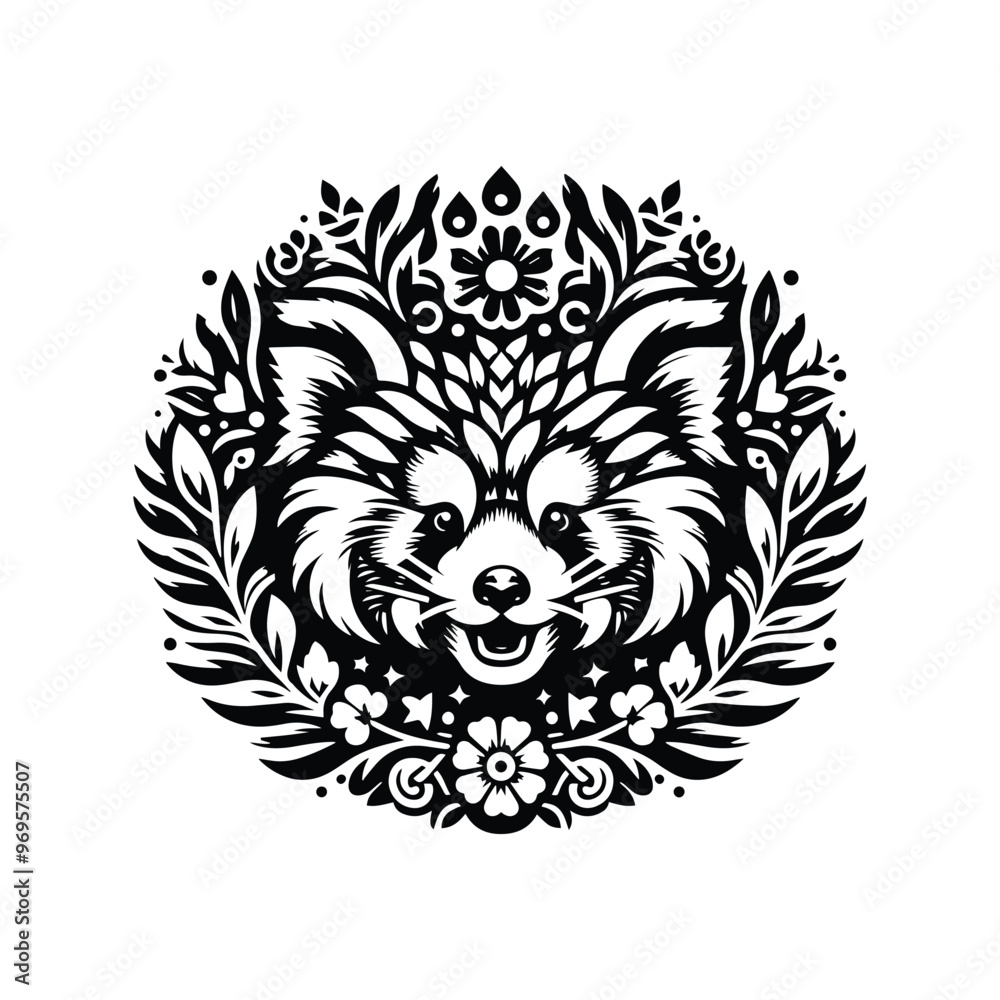 Obraz premium red panda in folk art black and white silhouette illustration -