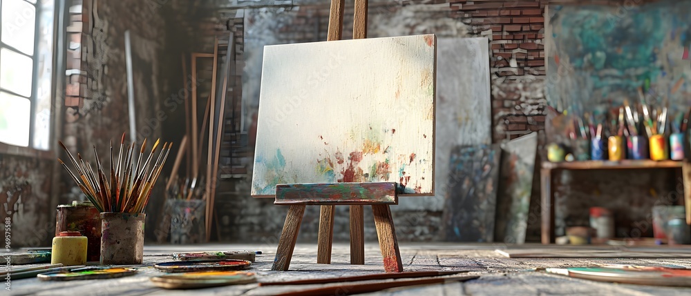Art studio featuring an easel with a canvas and colorful paint supplies, perfect for creative inspiration and artistic projects. Art studio featuring an easel with a canvas and colorful paint supplies, perfect for creative inspiration and artistic projects.