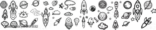 Hand drawn space doodle elements rockets planets stars astronaut ufo spaceship cosmos galaxy solar system astronomy science fiction exploration clipart set black and white illustration for kids
