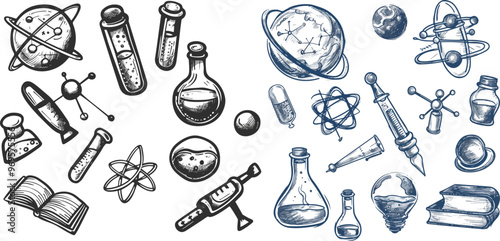 Science laboratory equipment sketch hand drawn doodle illustration with planets atoms formulas flasks and test tubes for education chemistry biology physics concepts
