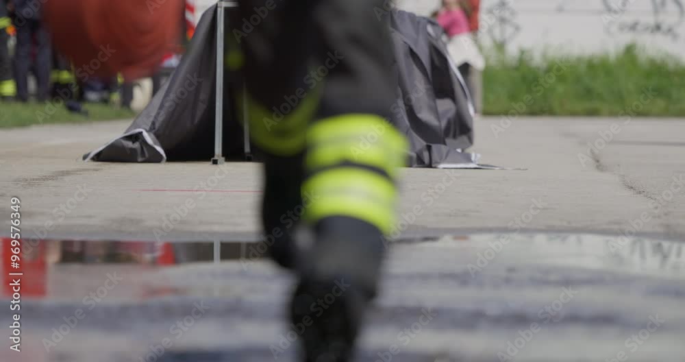 A reflective scene captures a firefighter heading into a dangerous firefighting mission, his image mirrored on the water's surface as he holds a fire hose, symbolizing bravery and readiness in the