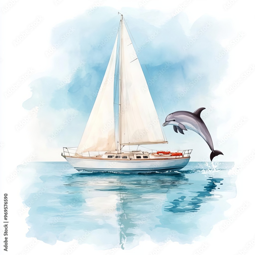 Fototapeta premium Sailboat with a dolphin leaping beside it, clear sea, watercolor style